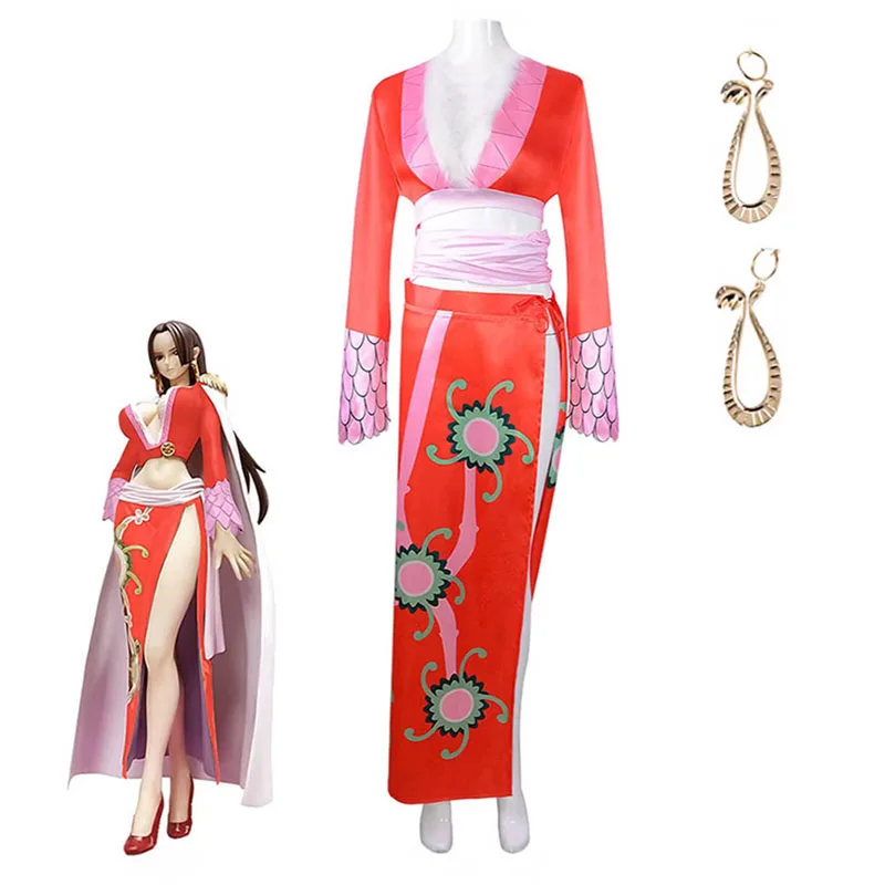 

Anime Boa Hancock Snake Princess Cosplay Red Slit Long Dress Green Floral Pattern Set Sexy Halloween Party Cheongsam Costumes