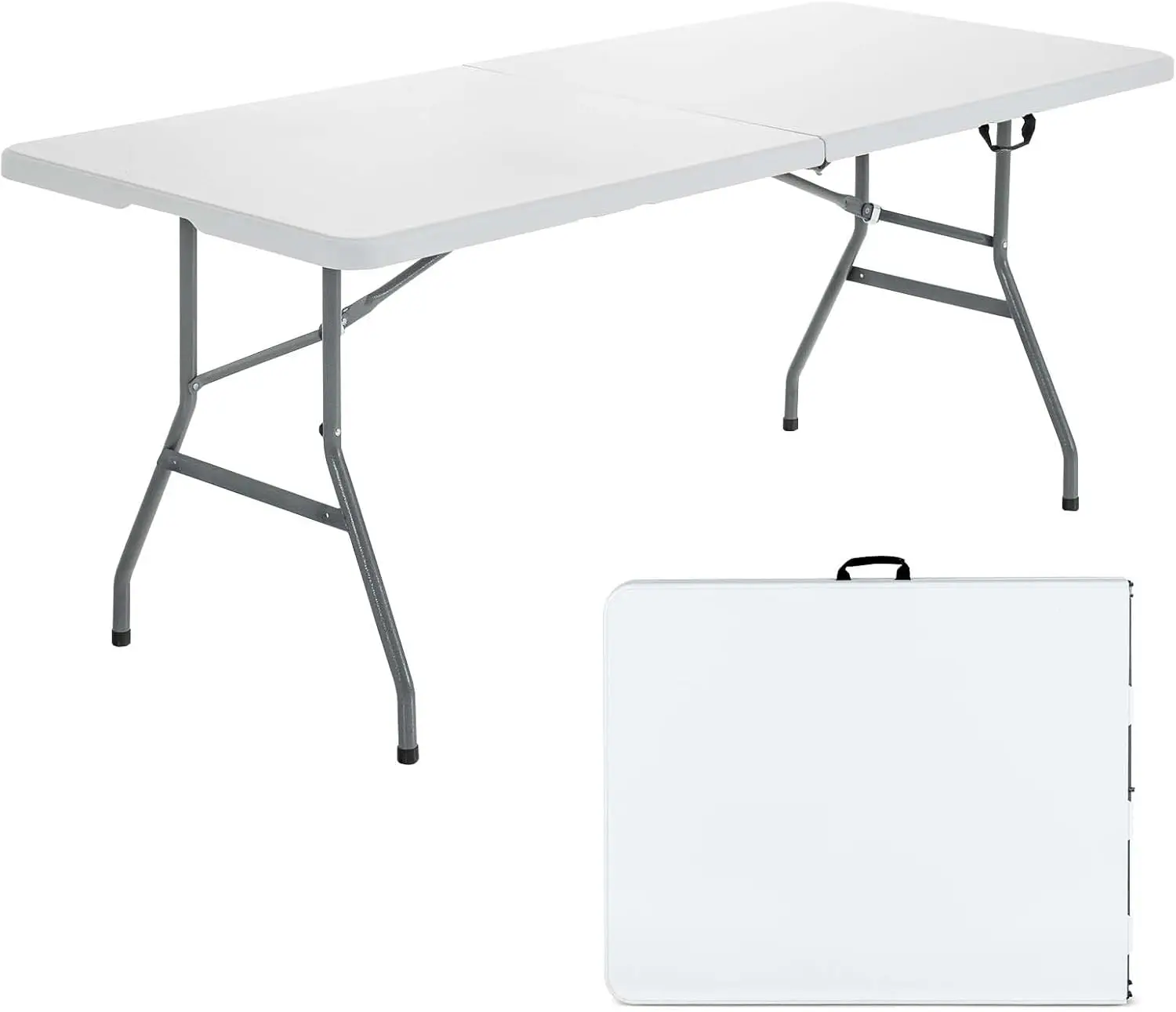 

6ft Foldable Plastic Card Table, Portable Heavy Duty Folding Table with Handle, White Outdoor Utility Table for Picnic, Party