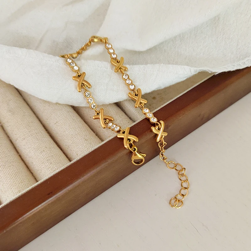 X shape cz stone chain bracelet stainless steel bracelet for women simple dainty jewelry elegant tarnish free jewelry waterproof