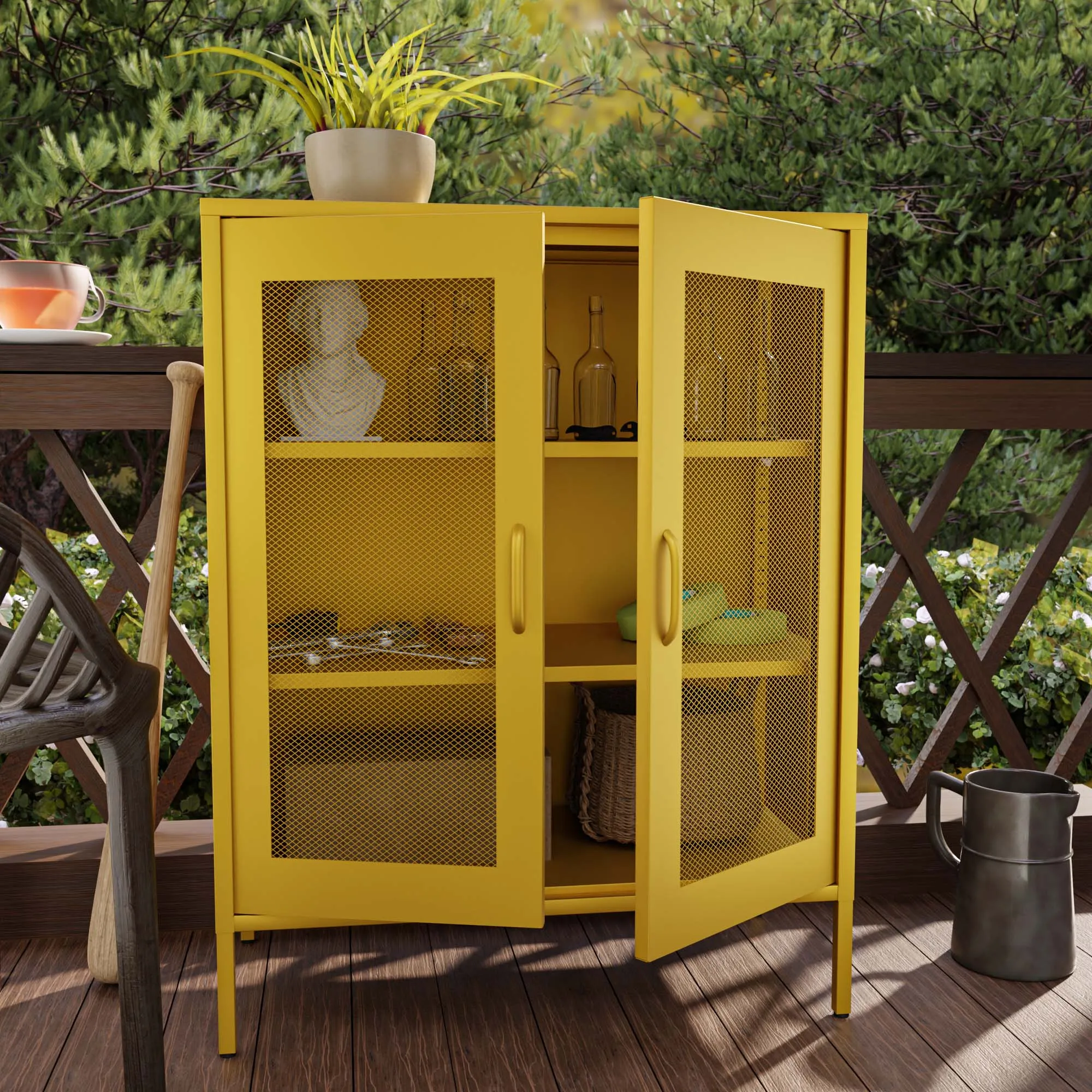 Armoire de rangement en métal jaune avec portes en maille, armoire de Psychen métal de bureau, buffet en métal pour la maison, le bureau, la cuisine