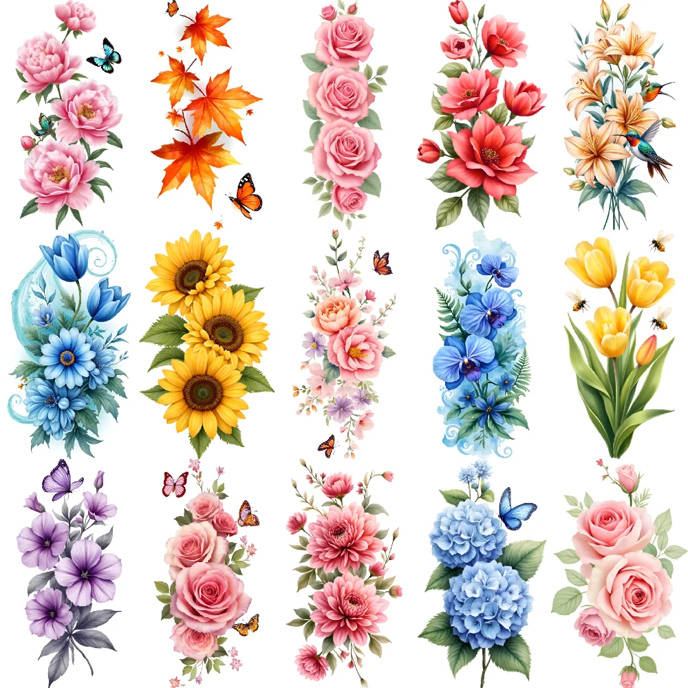 

9pcs Temporary Tattoo Lilies Temporary Tattoo Stickers Hydrangeas Maple Leaves Colorful Tulips For Back Thighs Shoulders