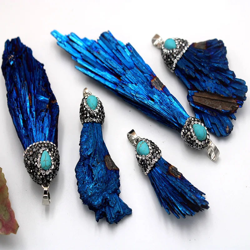

Natural Black Tourmaline Original Stone Pendant Peacock Tail Blue Crystal Cluster Healing Necklace Pendant DIY Jewelry Accessory