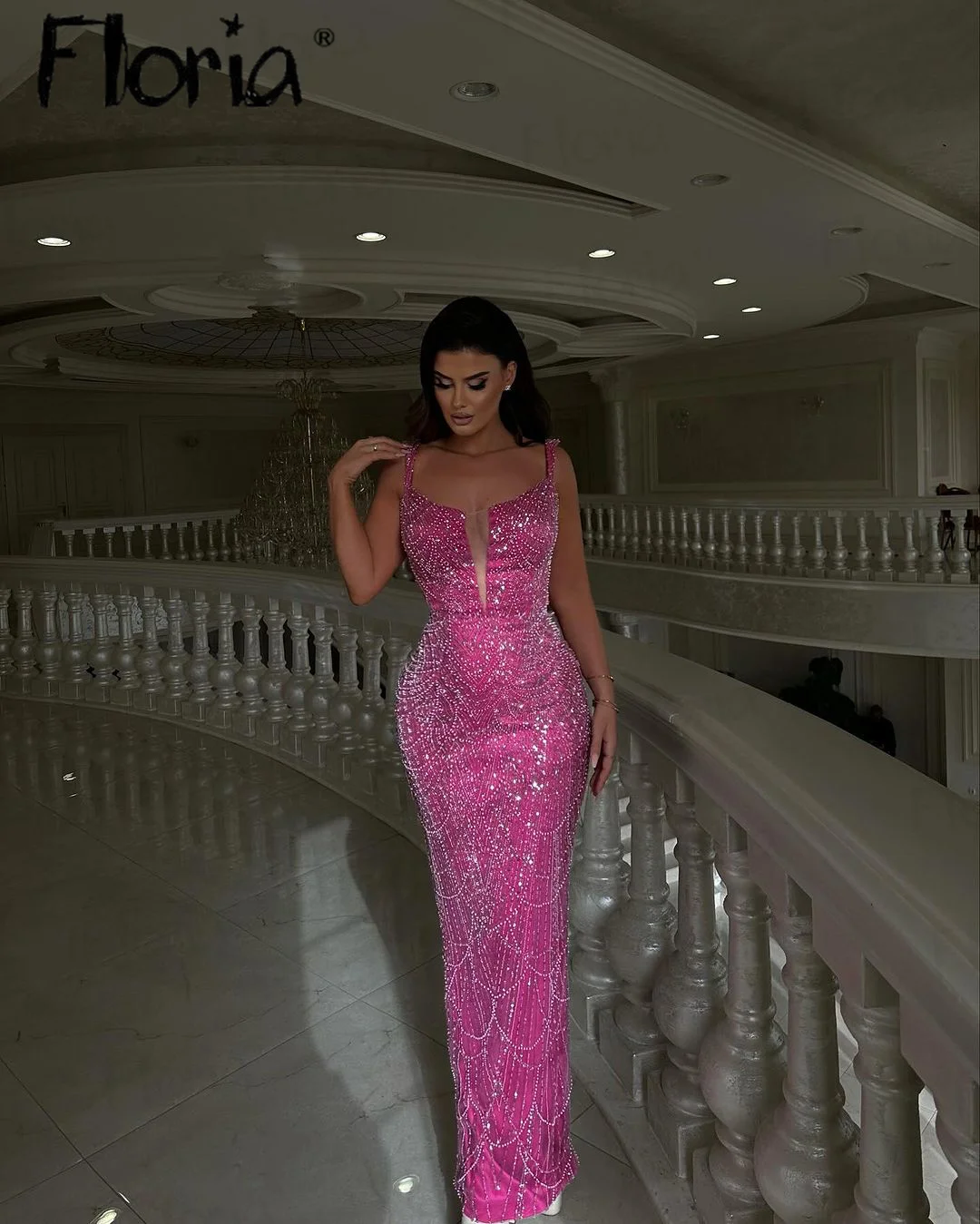 Floria Elegant Beaded Fuchsia Evening Dress Straps Mermaid Off Shoulder Long Arabic Cocktail Prom Gowns Wedding Party Gowns 2024