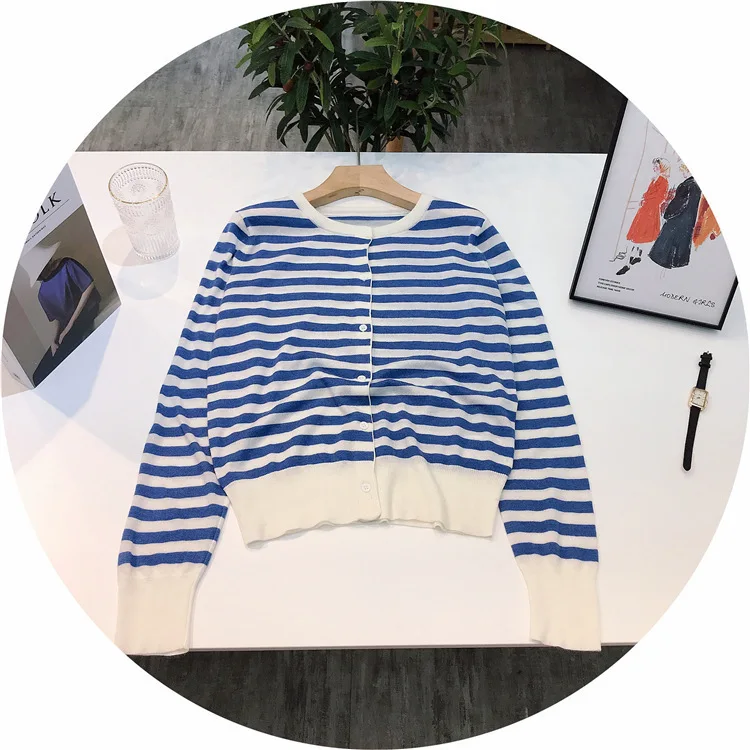 1608 Jesień Zima Nowy Sweter Rozpinany z Okrągłym Dekoltem w Paski, Luźny, Swobodny, z Kaszmiru, Dzianinowy, Płaszcz, Koszula Chroniąca przed Słońcem