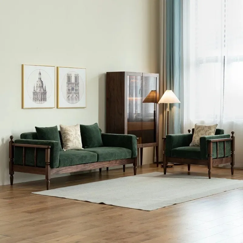 Nordic solid wood sofa North American black walnut living room small apartment three-person simple modern fabric retro green