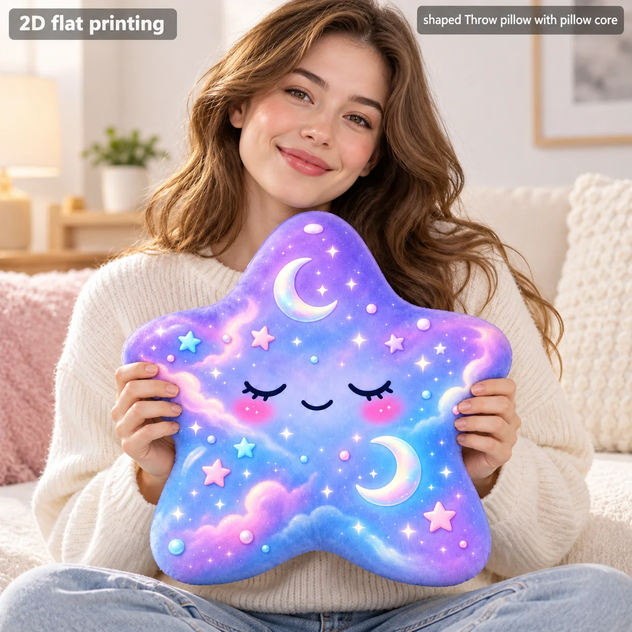 Purple Galaxy Moon Star Shaped Throw Pillow with Core Soft Polyester 2D Print Cushion for Sofa Bedroom