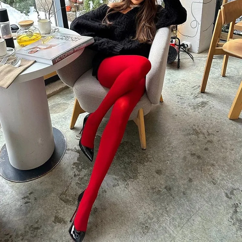 

New Red Stockings Women Bodycon Super Elastic Velvet 80D Pantyhose Autumn Sexy Slim Elegant Burgundy Tights Winter Leggings Y2k