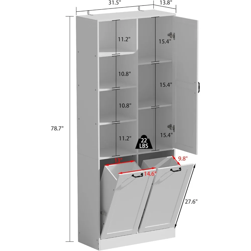 Double Tilt Out Laundry Hamper, Hidden Laundry Hamper Cabinet, Storage Cabinet with Adjustable Shelves & Tilt Out Trash Cabinets