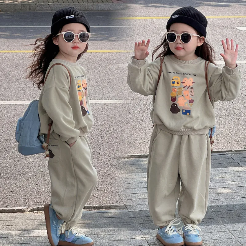 

New Kids Autumn Sets Girls Cute Sports Printing Sweater Sweatpants Suit Children's Round Neck Casual Fashion Thin Two-Piece 2-8Y