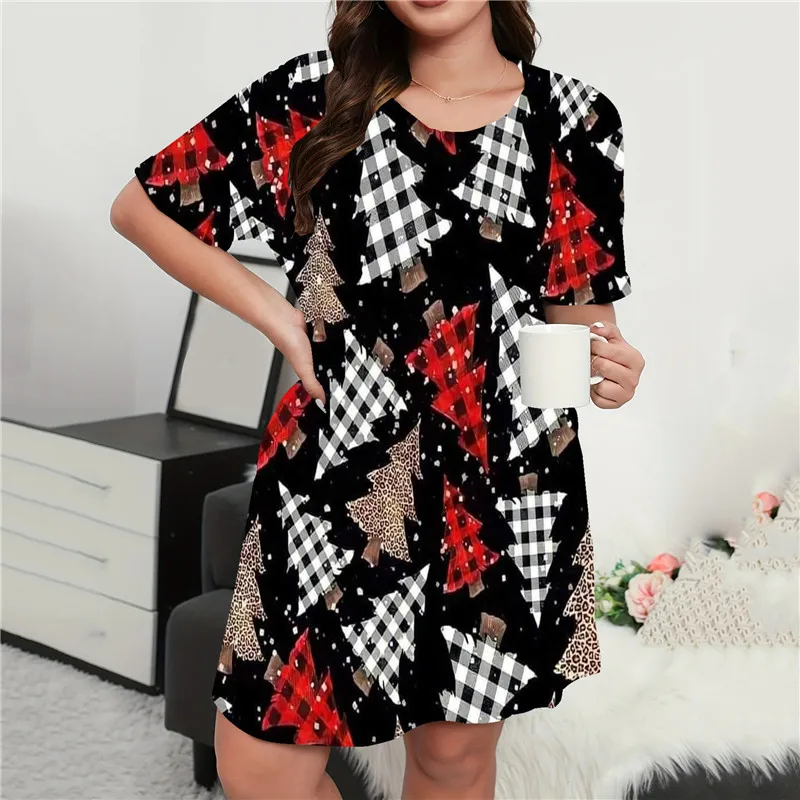 Shiny Stars Christmas Tree Print Dress Elegant Women Fashion Short Sleeve Loose A-Line Dress Plus Size Casual Party Mini Dresses