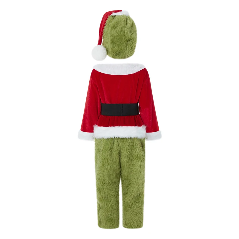 Adult Christmas Costume Women Men Green Monster Outfit 5Pcs Deluxe Tops Pants Hat Gloves Shoes Cover Family Matching Suits