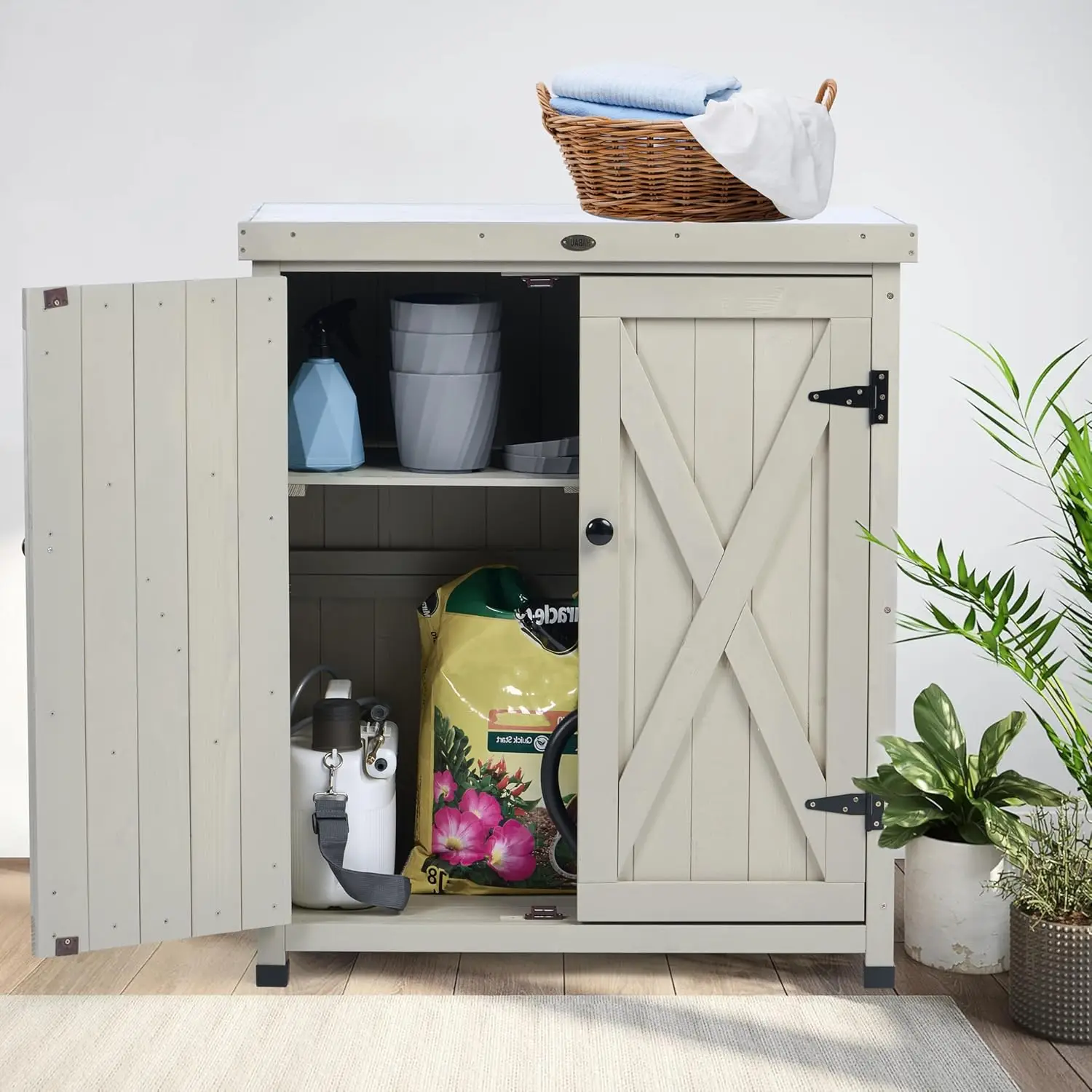 Storage Cabinets Weatherproof for Patio, Garden Work Bench with Shelves & Metal Tabletop, Wooden Potting Table Workstation