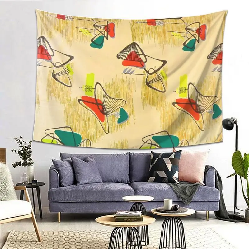 VIKAMA Wall Tapestry Retro MCM Abstract Geometric Tapestry Medieval Modern Style Red Yellow Green Line Printed Print