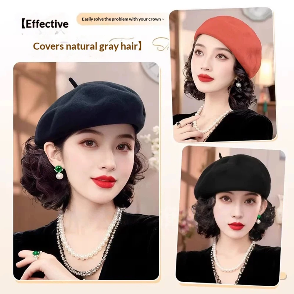 12inch Traditional French Style Wig Beret Caps Synthetic Curly Waves Short Hairpiece with Integrated Hair Extensions Winter Hats