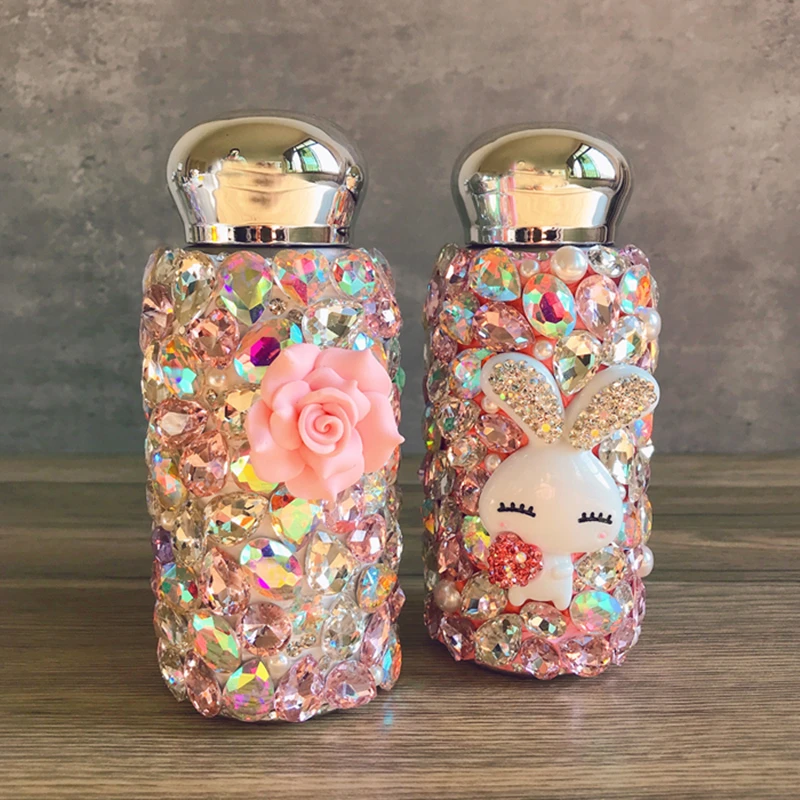 260ml Rabbit Flower Style Diamonds Thermos Cup Stainless Steel Rhinestone Pearls Lady Cartoon Water Bottle Pocket Vacuum Flask