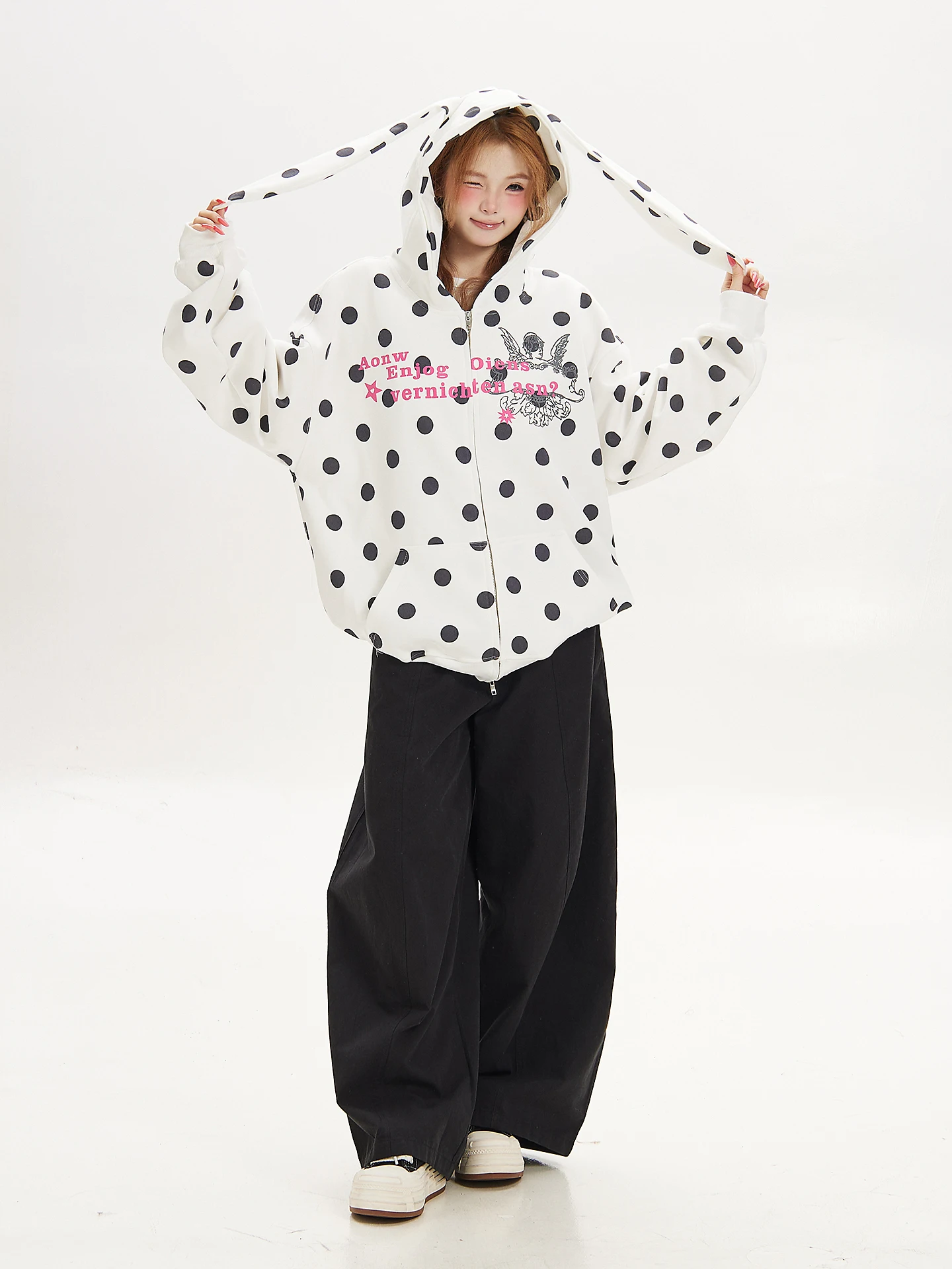 Ant Unique Polka Dot Rabbit Ear Hoodie Women's Loose Comfortable Sweatshirt Autumn Fashionable Open Cardigan Outerwear