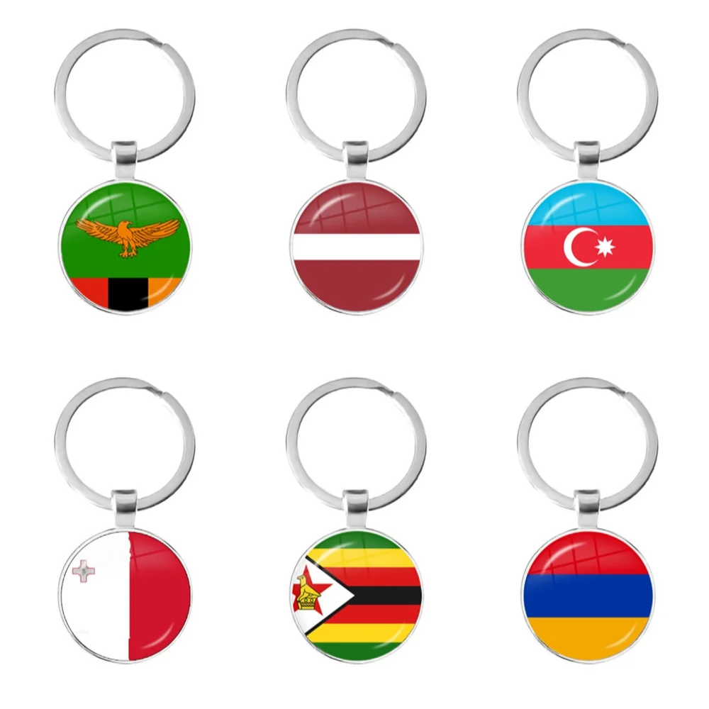 Arabia Malta Zambia Zimbabwe Latvia Armenia Azerbaijan Saudi UAE Morocco Glass Cabochon National Flag Keychain Keyholder Gift