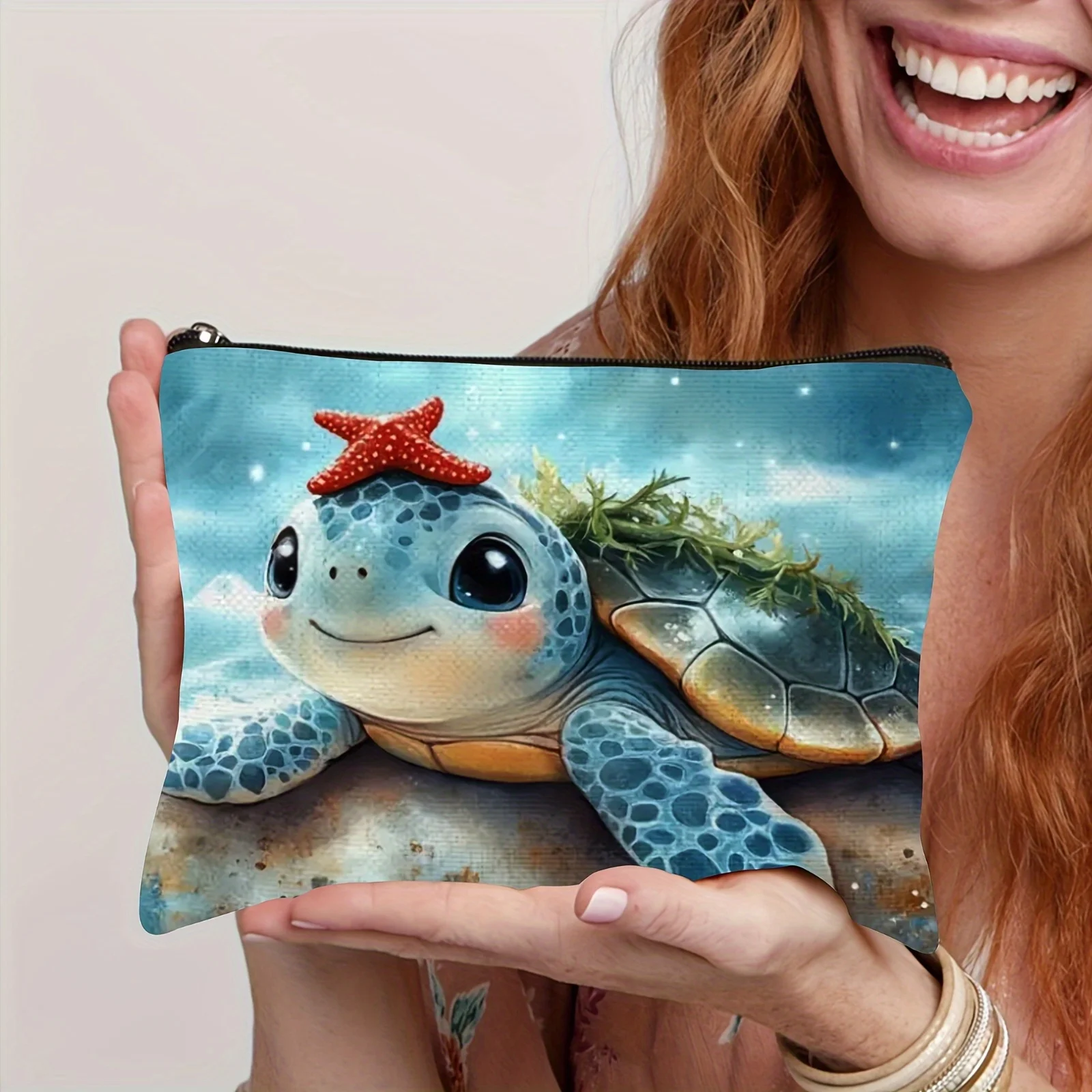 1pc Deep Sea Vibrant Ocean Inspired Makeup Bag - Spacious Durable Linen Cosmetic Pouch with Turtle and Starfish Design