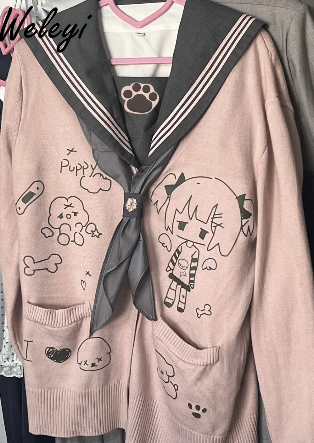 Japanese Style Sweet Knitted Cardigan Student Female Loose Sailor Collar Pink Cartoon Printed Long Sleeve Sweater Coat for Women