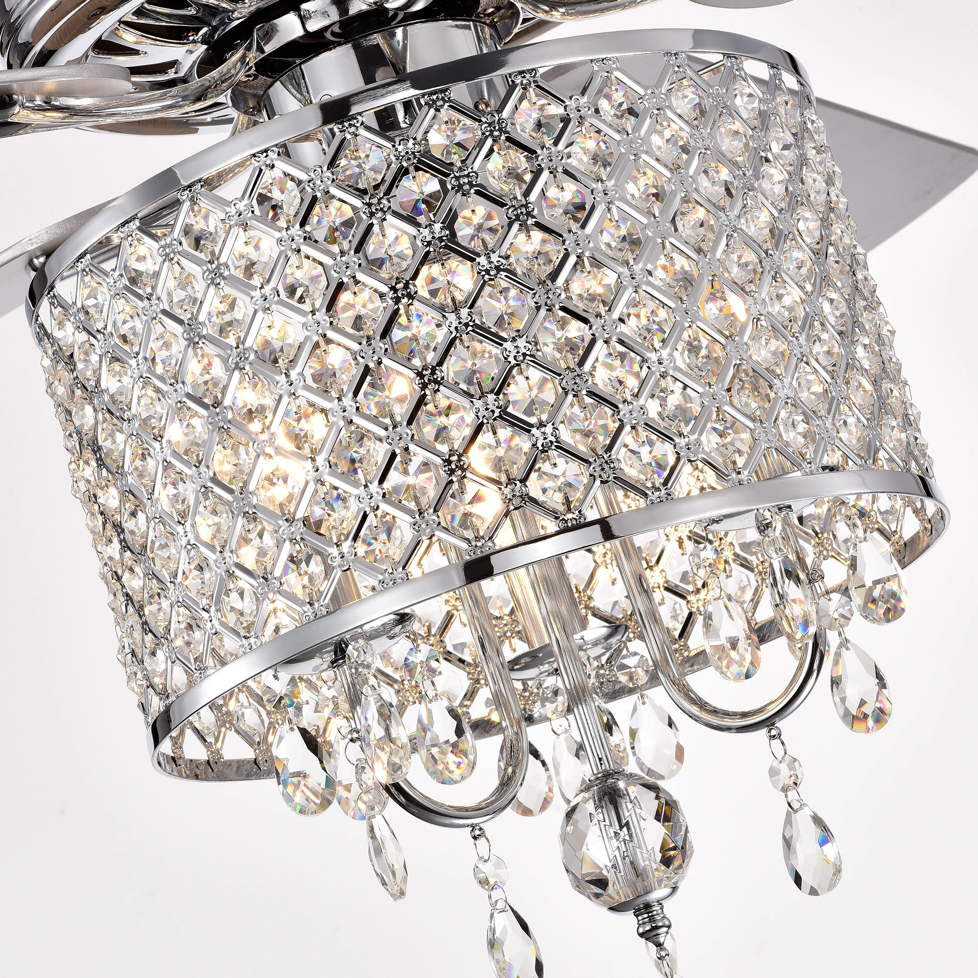 52'' Classical Crystal Ceiling Fan Lamp 3 Speed Hand Pull Chain (High, Mid, Low), 5 Reversible Blades for Living Room, Dining Ro
