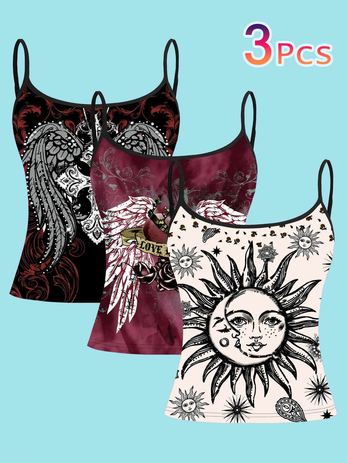 3-Piece Set of Vintage Sun, Moon, and Star Print Camisoles for Women, Summer Slim-Fit Spaghetti Strap Inner Wear