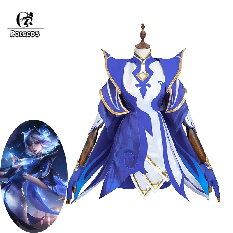 

ROLECOS Game LOL Celadon Irelia Cosplay Costume New Skin Irelia Women Cosplay Costume Halloween Blue White Dress Full Set