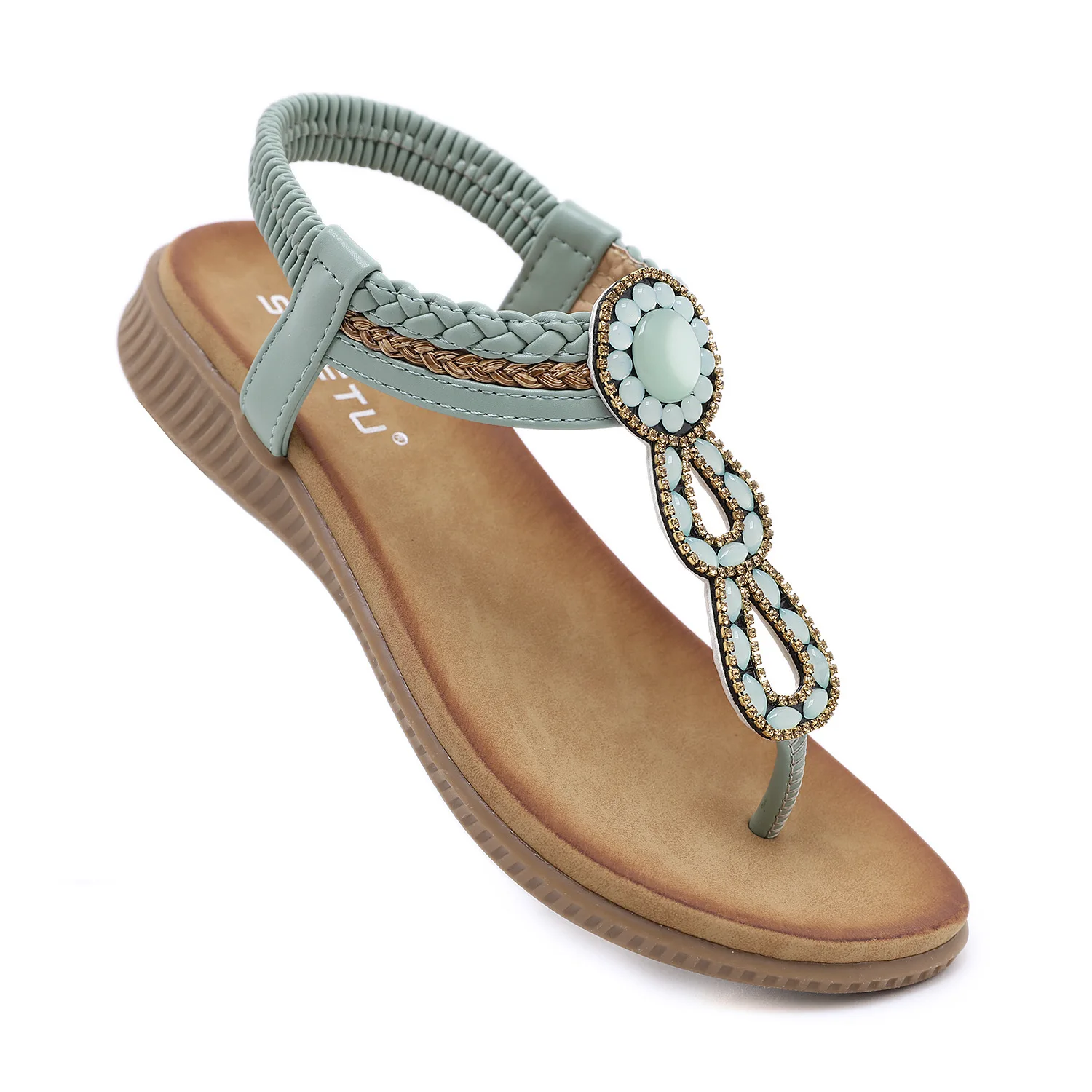 SIKETU Brand Novelty Fashion Bohe Flat Sandals Women Round Clip Toe Shoes Rhinestone Elastic Band Beach Sea Holiday Green 41 42