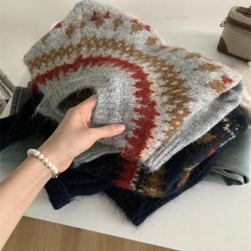 Fair ilha jacquard menina camisola outono inverno pulôver solto macio pegajoso manter quente novos topos estilo preppy cor bloqueando malhas