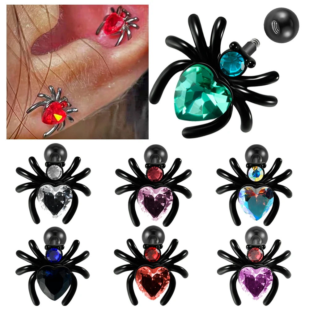 1PC Stainless Steel Black Heart-shaped CZ Spider Helix Earring Daith Labret Lip Piercing Ear Tragus Cartilage Piercing  Jewelry