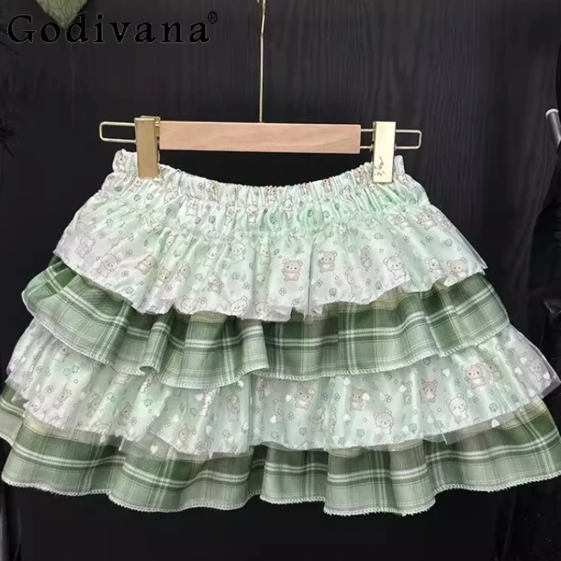 Girls Japanese Sweet Lolita Style Skirt High Waist Print Ruffles Bow Cake Mini Skirt Women Kawaii Cute Y2k Short Skirts