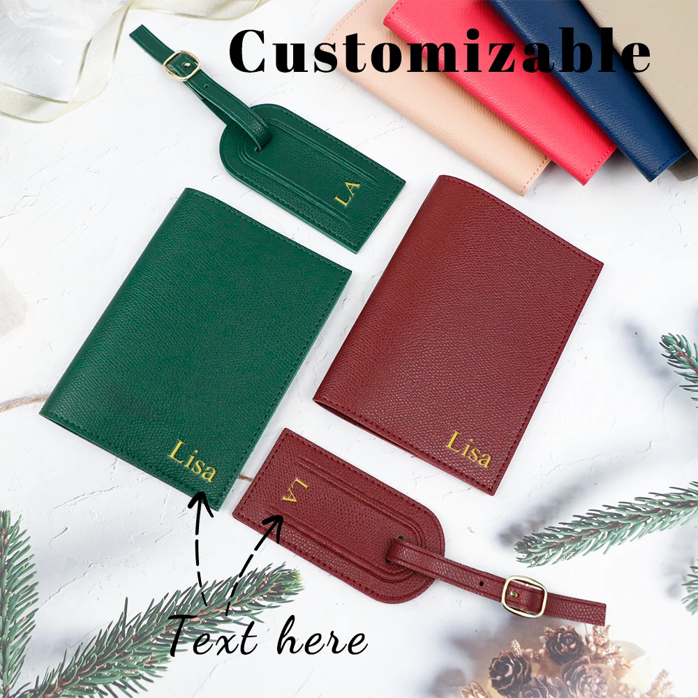 Étiquette de bagage anti-perte en cuir pu avec lettre personnalisée + ensemble de deux pièces pour porte-documents et passeports de voyage