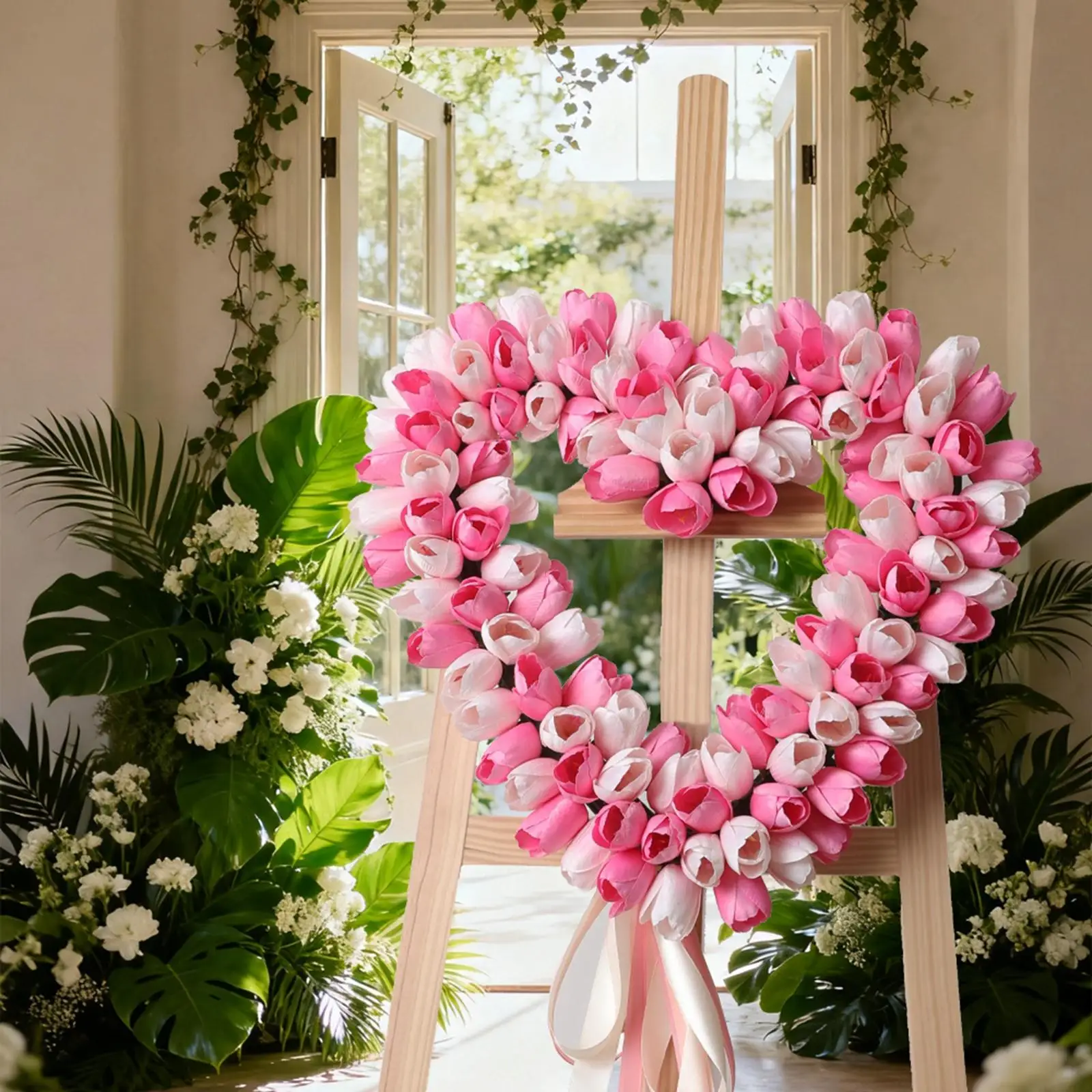 Faux Tulip Flower Heart Wreath Decorative Door Garland Pink Spring Summer Arrangement for Holiday Backdrop