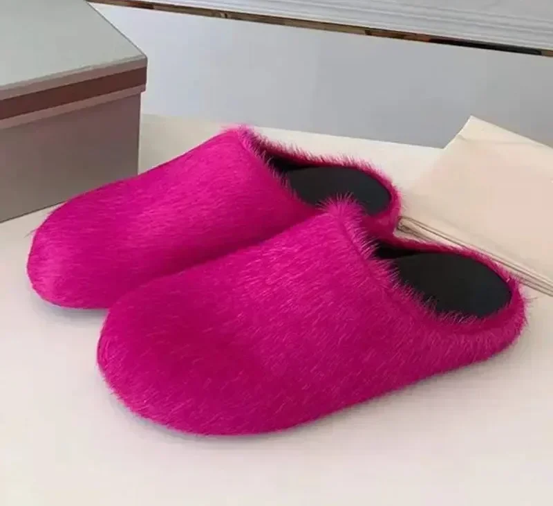 Women's Autumn/Winter Italian Fur Horse Hair Slippers Casual Flat Bottom Thick Sole Men's and Women's 34-46 Large Slippers