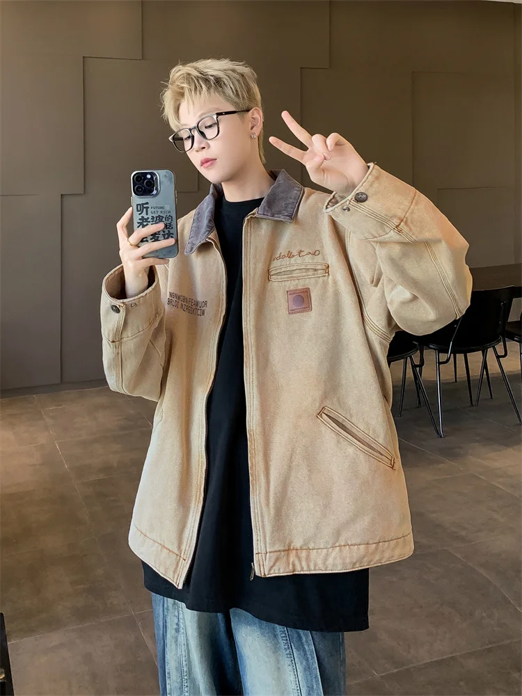 

American Sle Men's Denim Jaet Street Faion Trend Brand Waed Patchwork Stand Collar Zipper Jaet High Street Sle