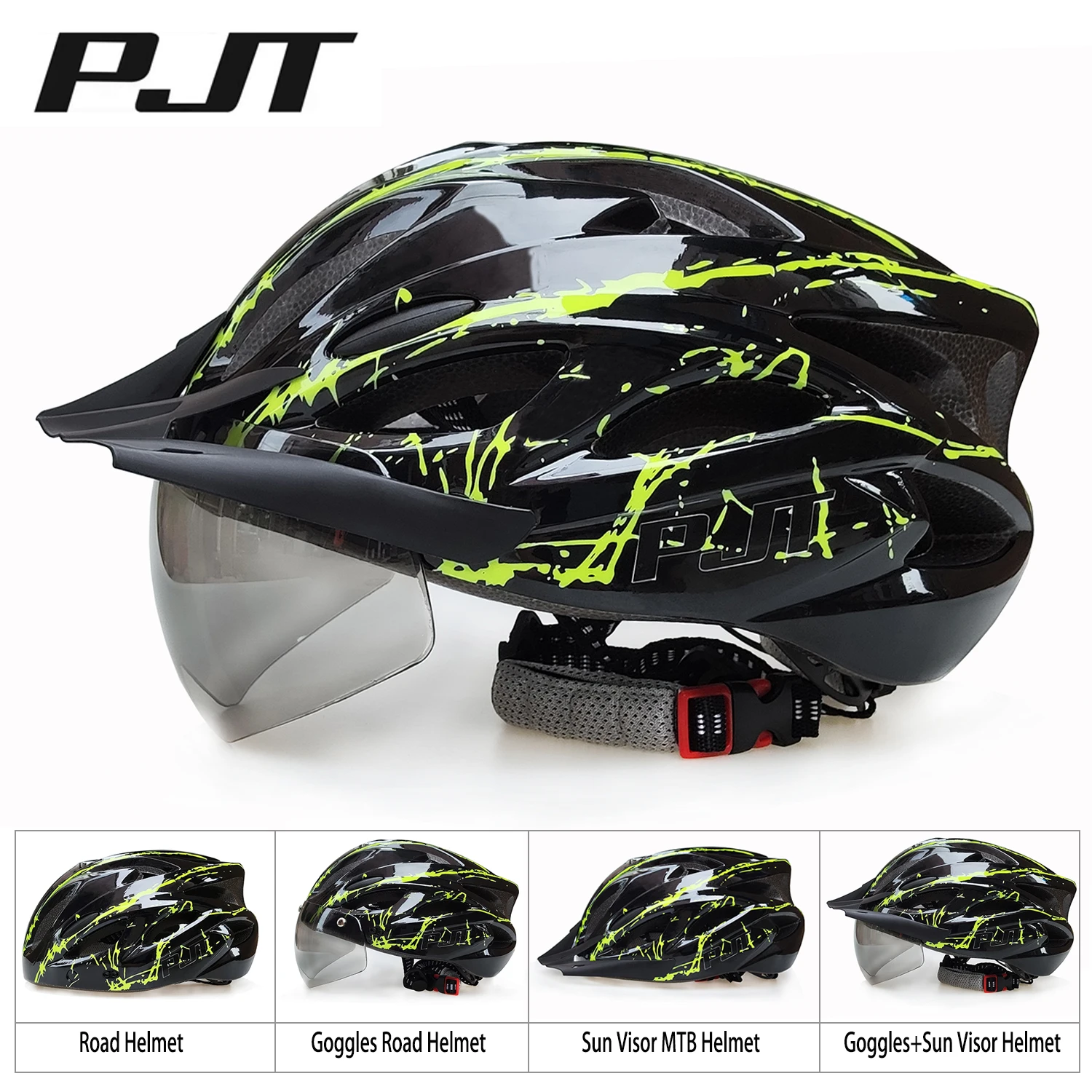 PJT 4-in-1 Lightweight Cycling Helmet 18 Breathable Holes Bicycle Helmet Adults Road MTB Detachable Sun Visor Goggles Bike Helme