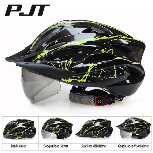 Imagen 1 del producto PJT-casco de ciclismo ligero 4 en 1, 18 agujeros transpirables, para adultos, carretera, MTB, visera desmontable, gafas, casco para bicicleta