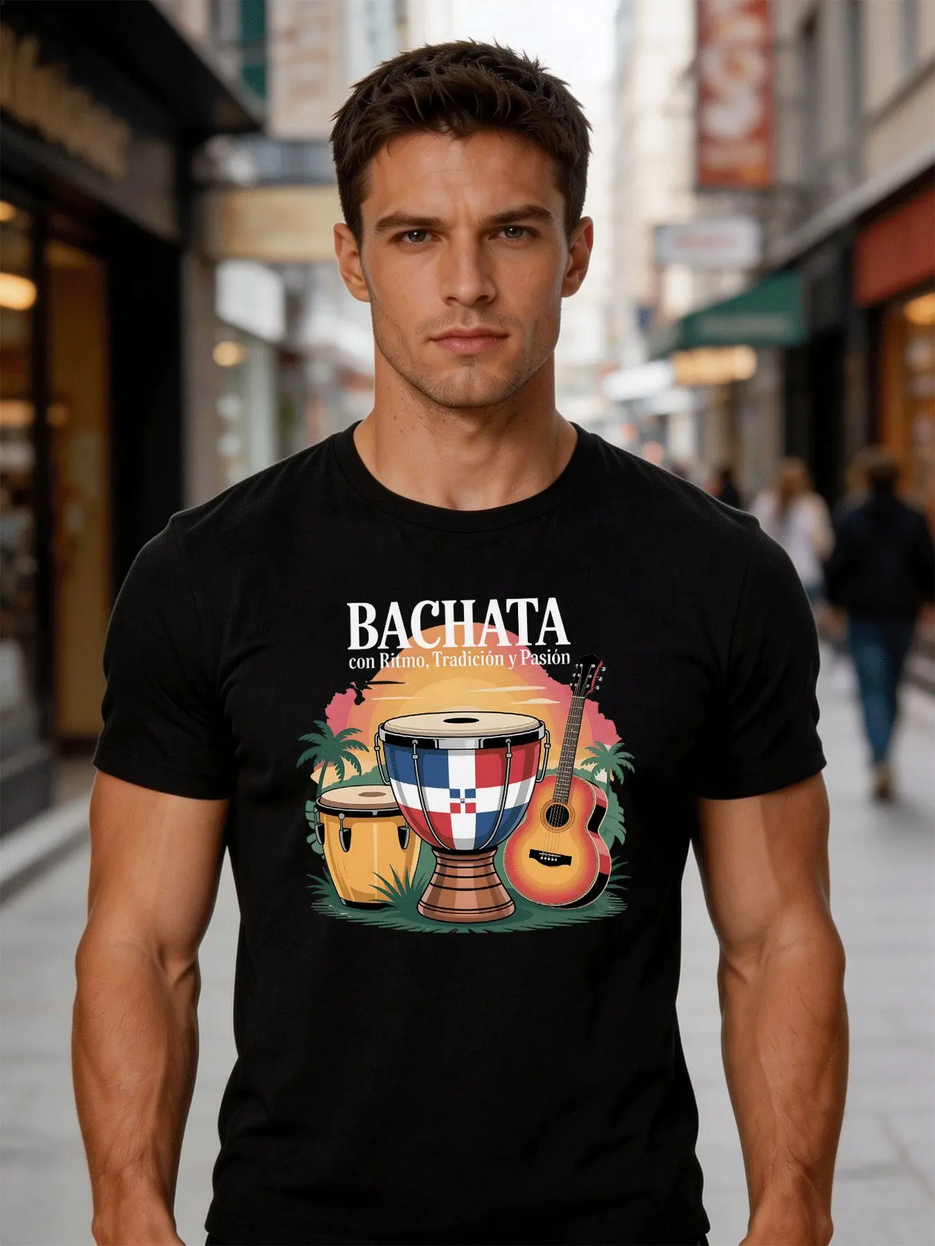 Camiseta Negra de Cuello Redondo para Hombre con Texto de Bachata, Bandera Dominicana, Tambor Conga, Guitarra, Palmera, Música de Baile Latino Tropical, Tops Casuales de Algodón