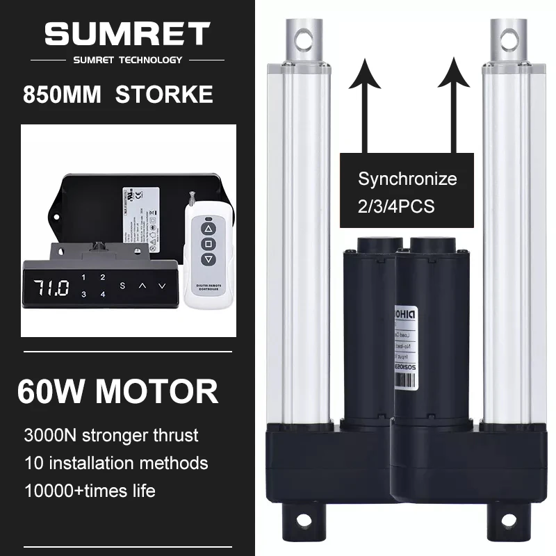 

0-850MM Adjustable Stroke Electric Linear Actuator Kit Set RF 433mhz With Hall Controller Kit 3000N DC12V 24V Motor Heavy Duty