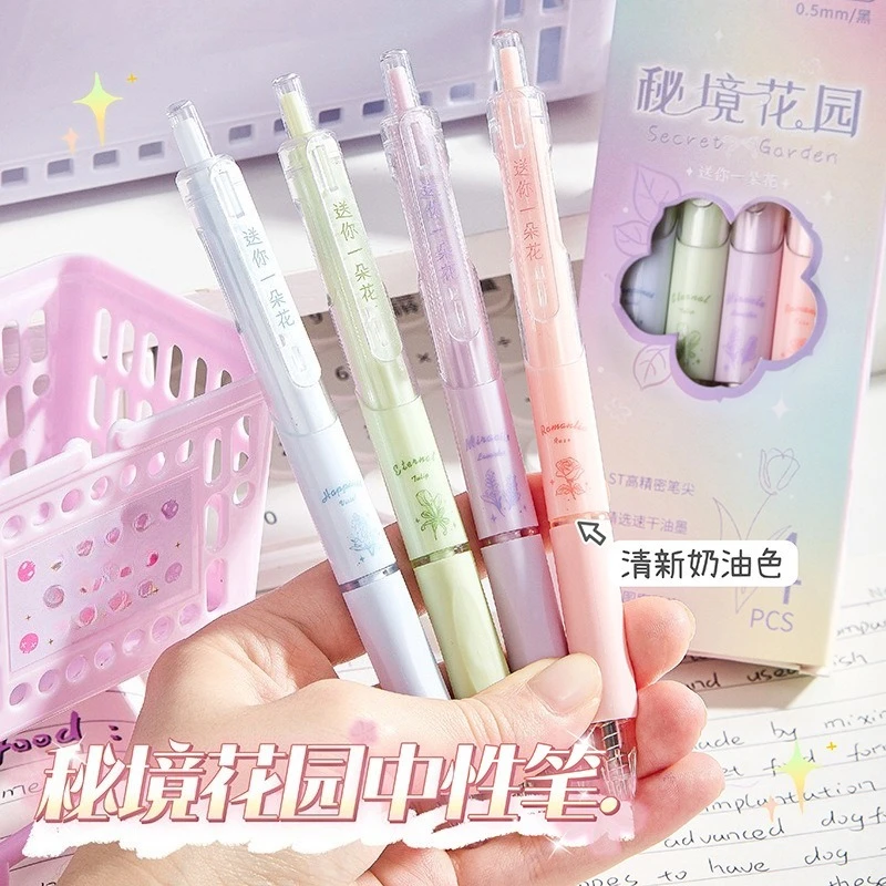 

4Pcs/set 0.5mm Gel Pens Set Ballpoint Black Ink Quick Drying Floral Press Gel Pen Writing Pen Student Supplies Stationery