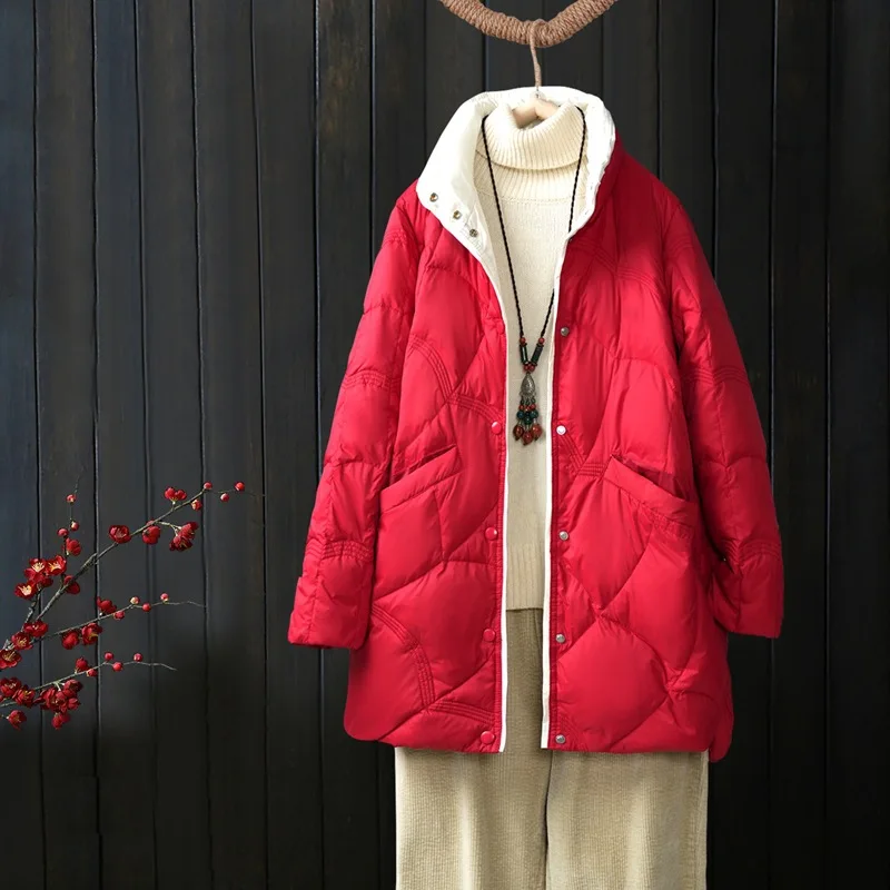 Grande taille hiver nouveau rétro col montant longue doudoune femme décontracté ample Ultra-léger blanc canard vers le bas veste chaude