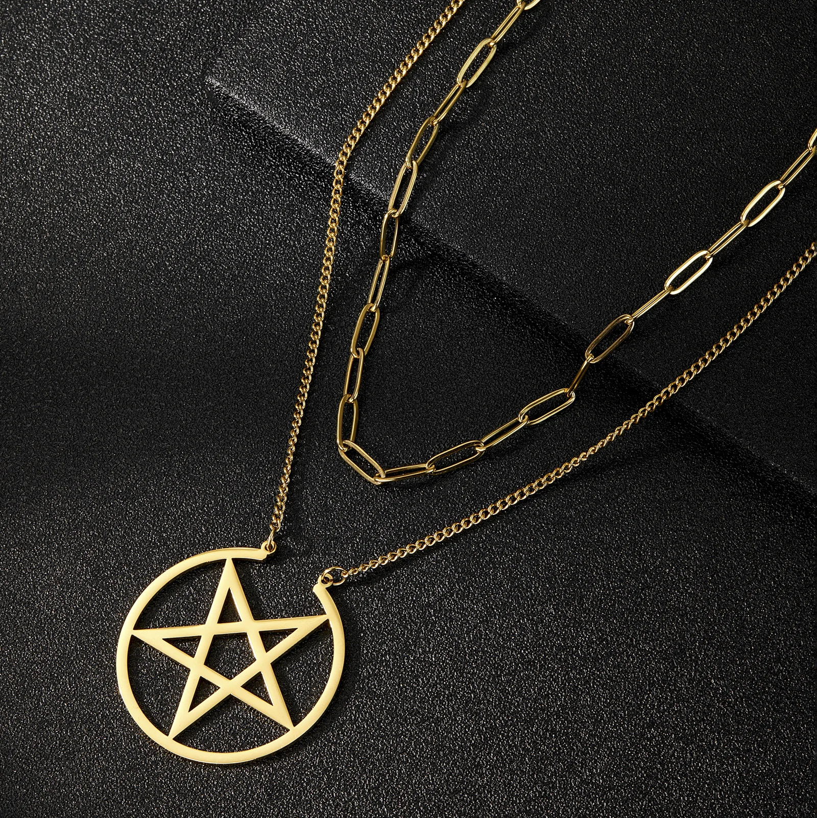 Amaxer Stainless Steel Punk Pentagram Necklace for Women Gothic Witchy Star Layered Choker Trend Amulet Jewelry Gift