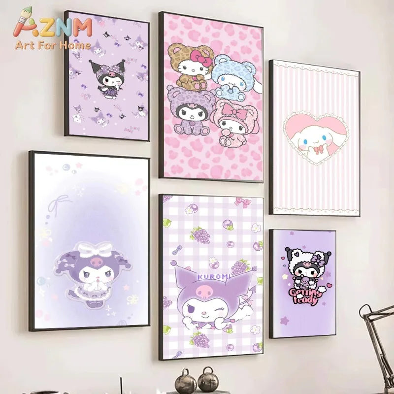 Sanrio Kuromi Canvas Wall Art Unframed Print Purple Bow Candy Background Cute Cartoon Poster for Bedroom Dorm Home Interior Wal