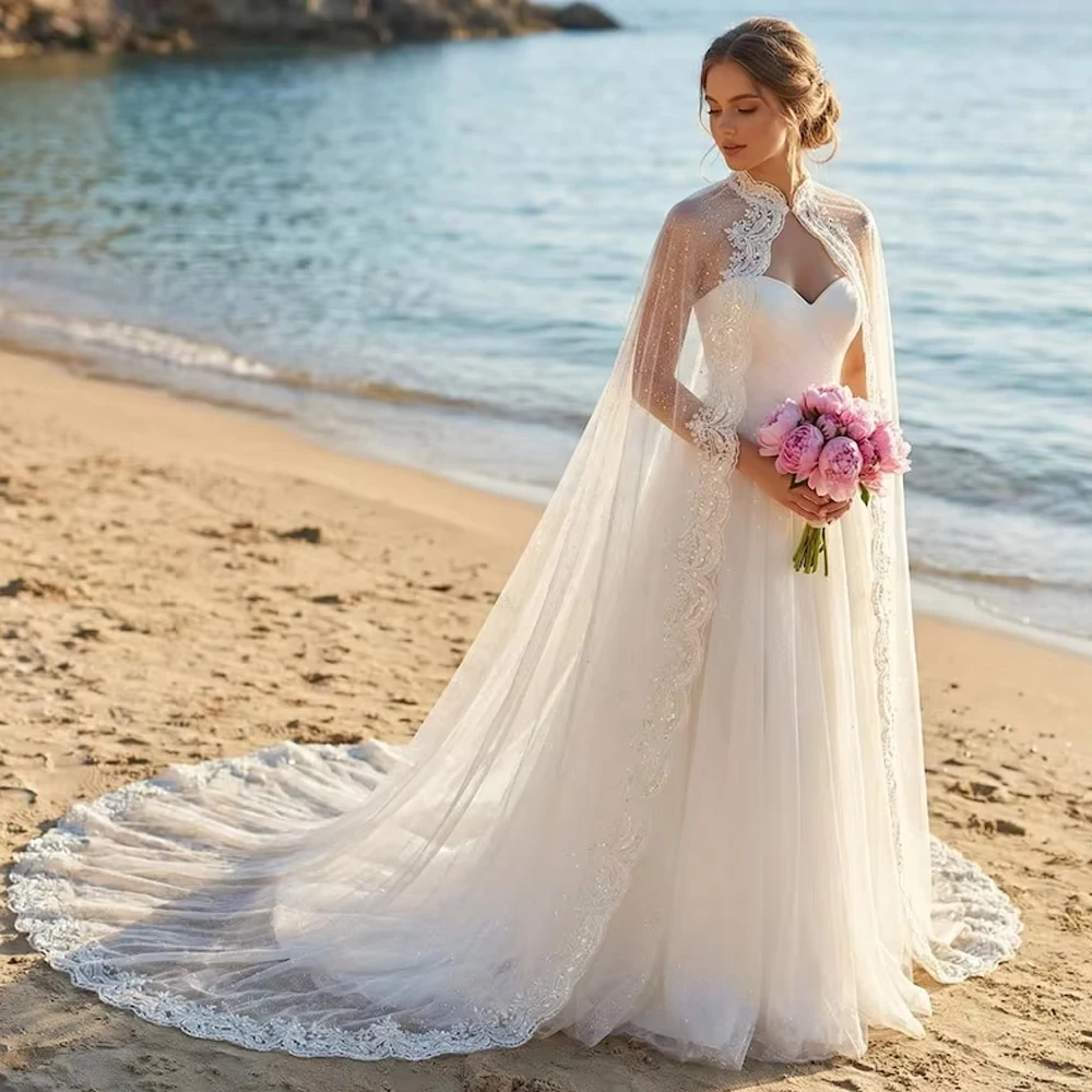 Beaded Lace Hem Long Bridal Wrap Cape Wedding Cape Women Jacket Sheer Tulle Customized image 5