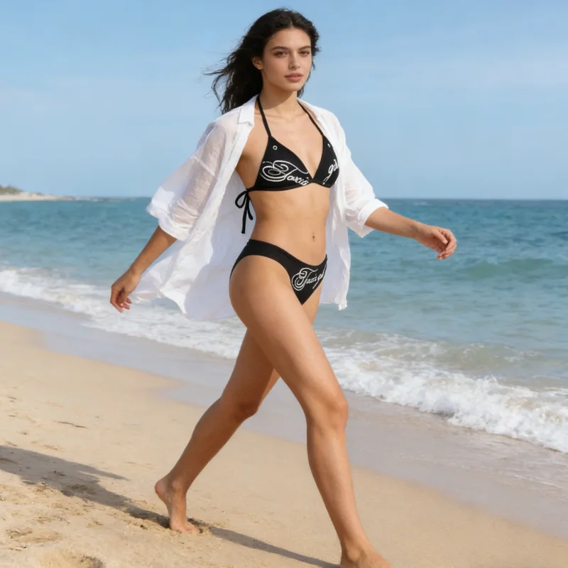 

2026 New triangular cup bikini two-piece set, letter-printed dark Gothic beach vacation swimsuit