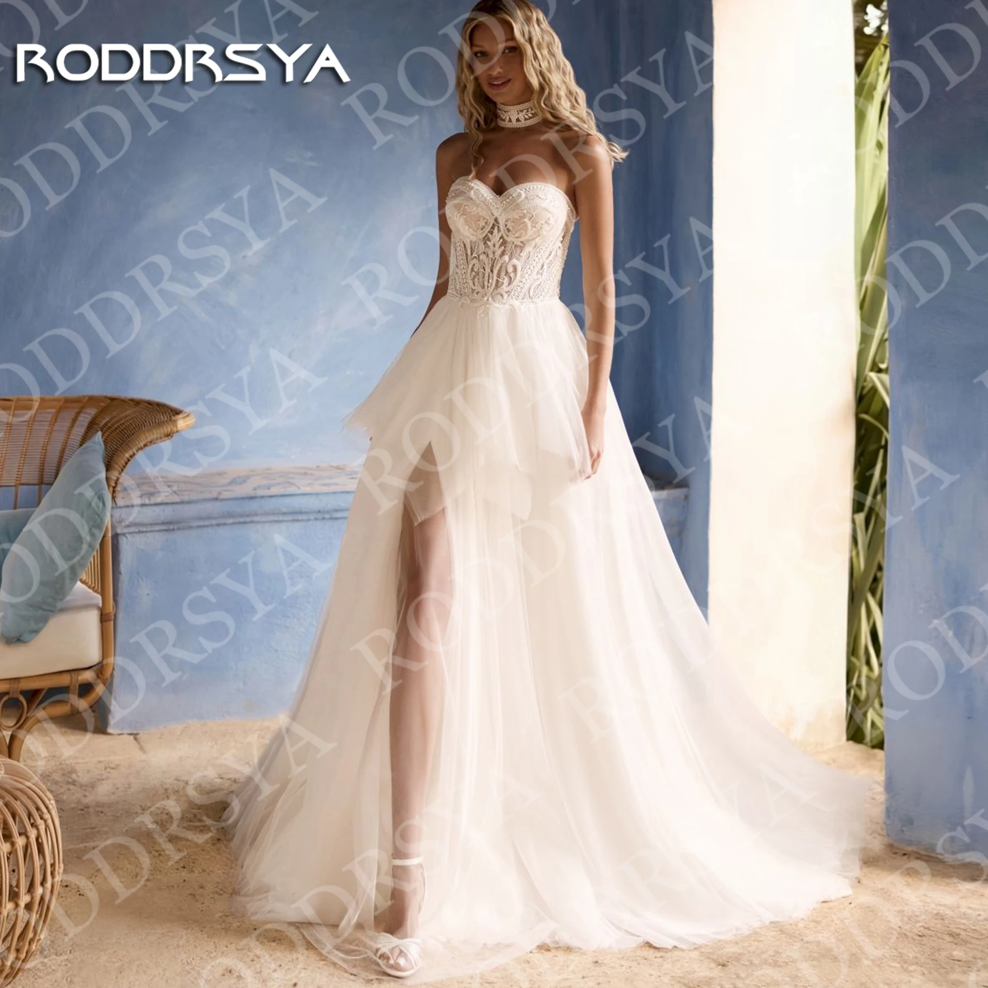 RODDRSYA Boho Beach Wedding Dress with Slit Strapless Sweetheart Lace Tulle A Line Bridal Dresses Customized Vestido Novia 2027