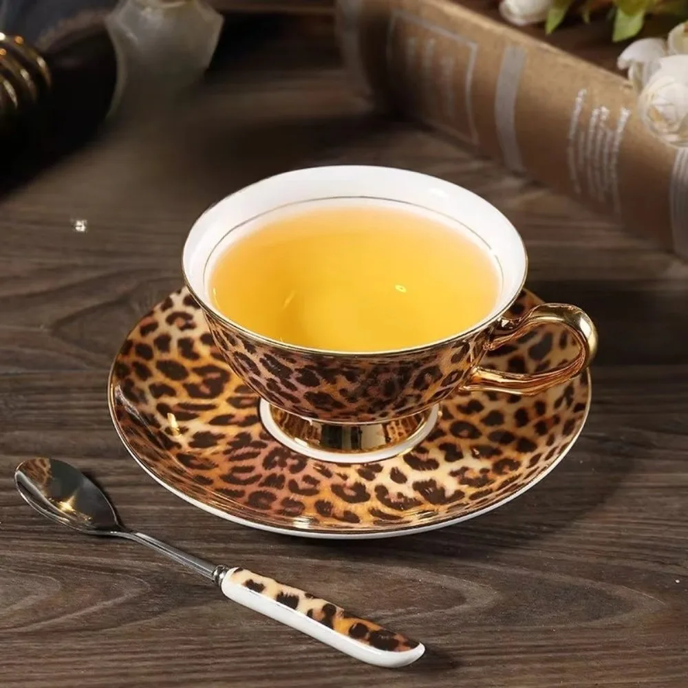 Retro Ceramic Coffee Cup Set Bone China Leopard Print Teacup With Saucer with Spoon Plate European Style Ceramic Mug Set