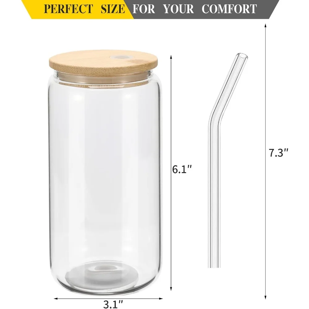 

20 Pack Glass Cups with Bamboo Lids and Glass Straw 16oz Beer Can Shaped Drinking Glasses Cups, Glass Tumbler Reusable Cute Cups
