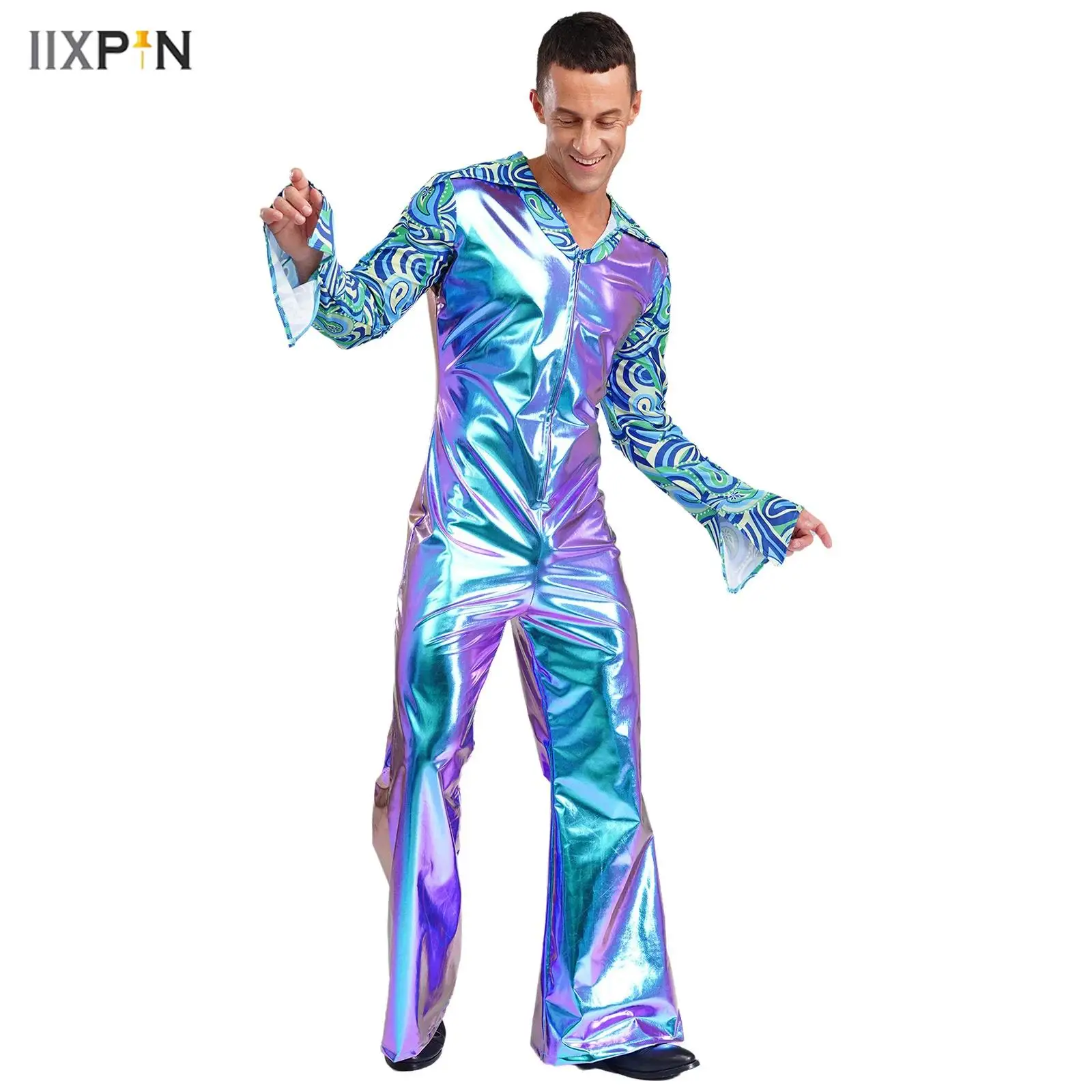 

Mens Hippie Jazz Dance Rompers 60 70s Disco Clubwear V Neck Flare Long Sleeve Split Cuffs Bell Bottom Pants Patchwork Jumpsuit