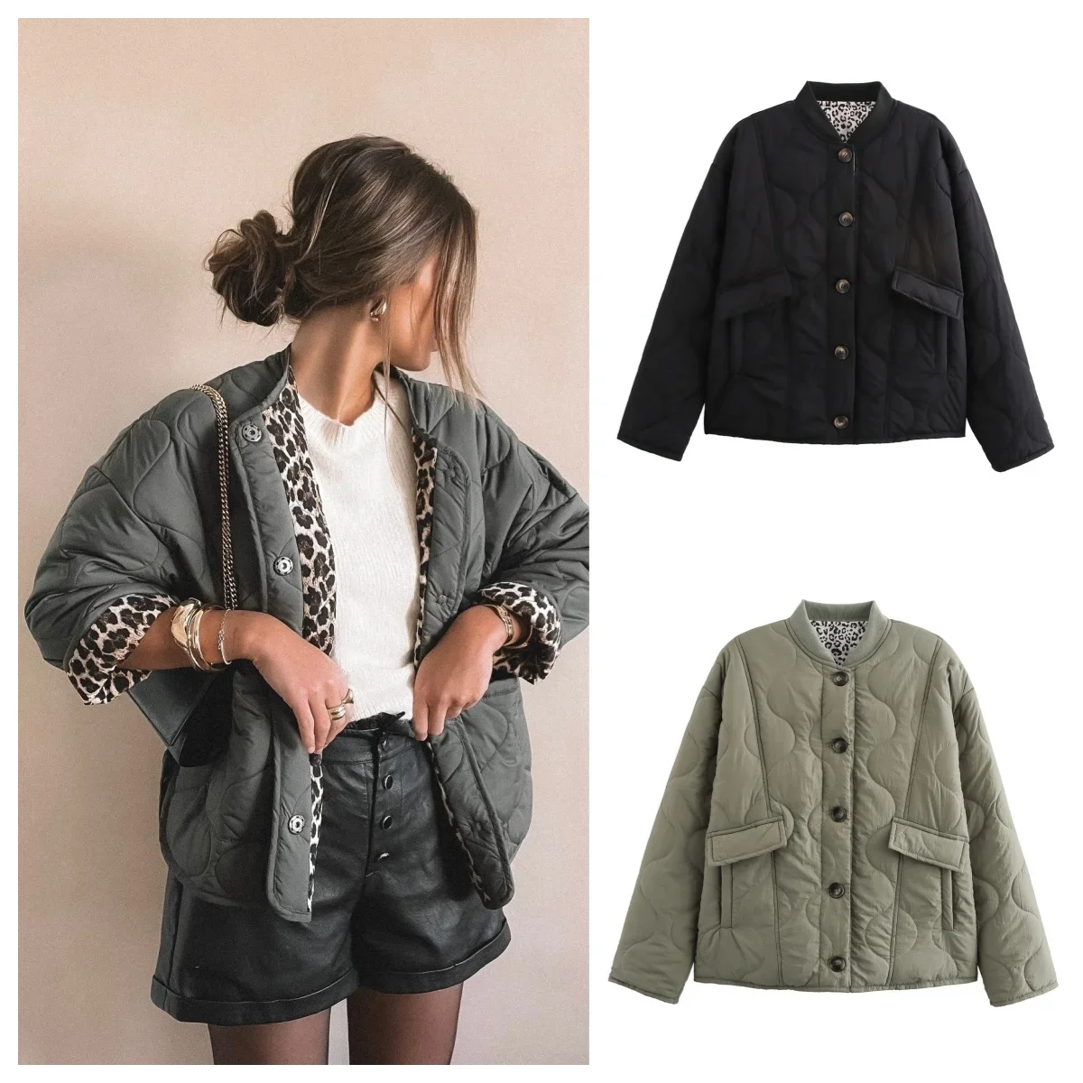 

Quilted single-breasted leopard print splicing cotton jacket women's new winter fashion retro casual cotton jacket