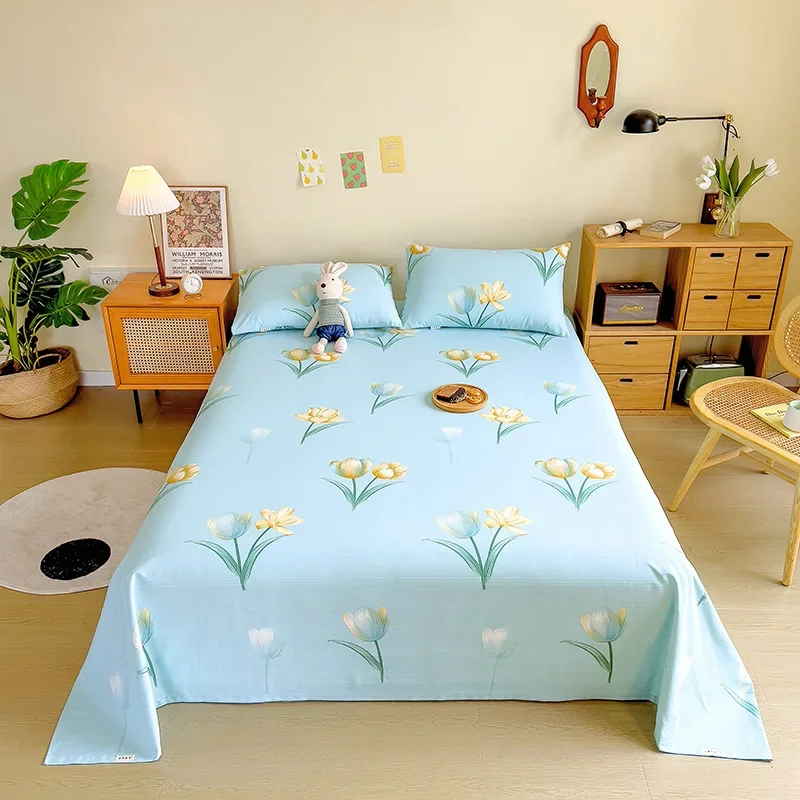 Tulip Floral Flat Sheet, Soft Garden Flower Blue Bed Sheet Set 100% Cotton Botanical Bed Cover with 2 Pillowcase For Women Girls